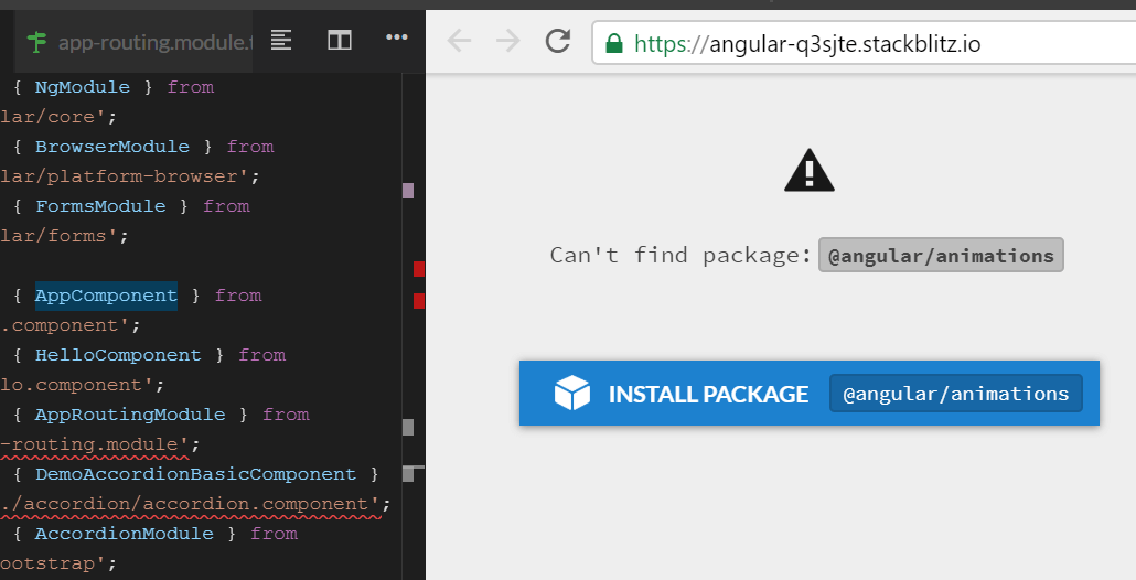 Can't find package error in a Stackblitz Angular project