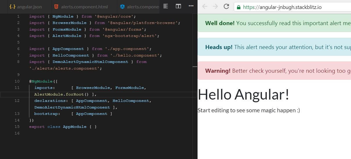 Successfully adding ngx-bootstrap alerts in Angular 8 on Stackblitz