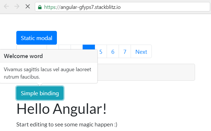 Our Angular 8 app with a popover example