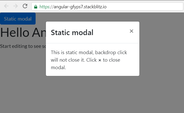 Our Angular 8 app with a static modal