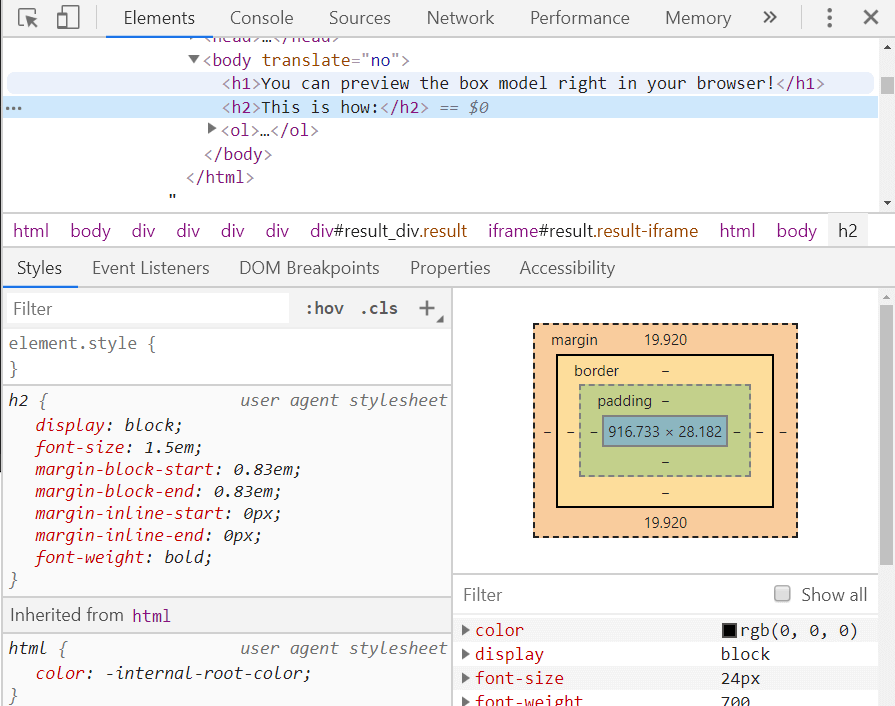 A preview of the box model in developer tools