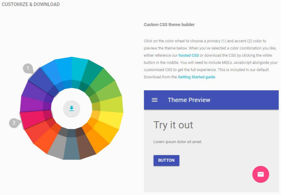 A screenshot of the getmdl.io customizer page