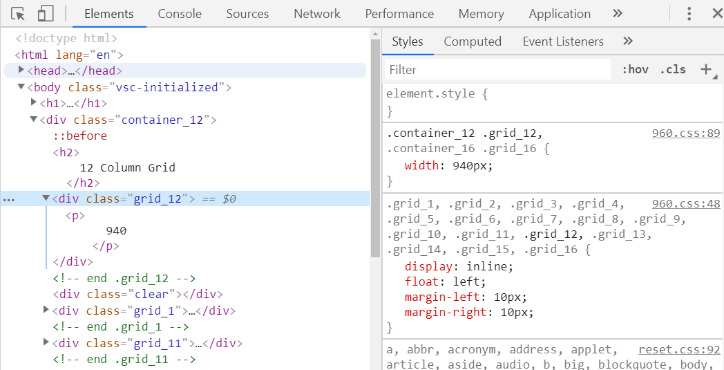 Inspecting the grid_12 class of the 960.gs demo page