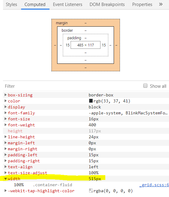 Computed width property for the container fluid div