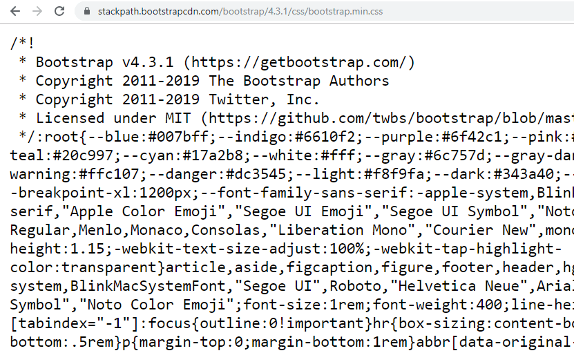 Minified Bootstrap 4 code in the link tag's href attribute shows in the browser as a bunch of CSS code with spaces removed