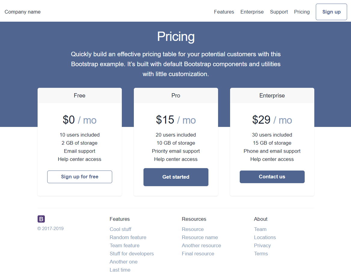 Pricing layout customized complete