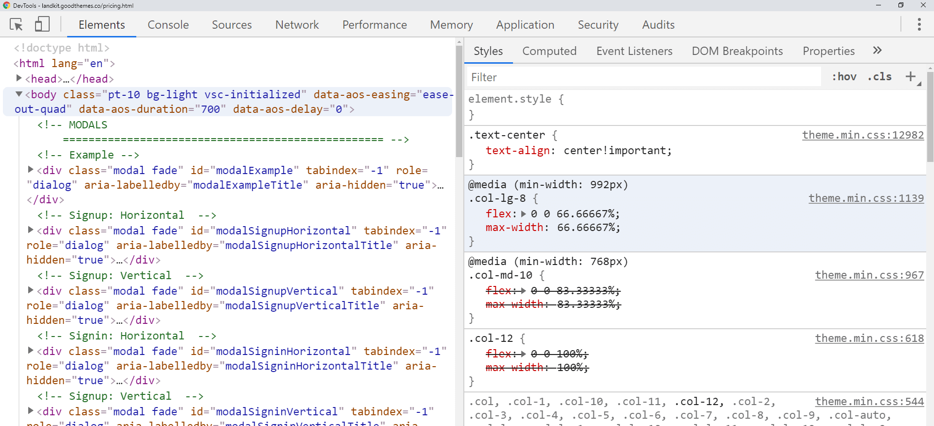 A screenshot of the landkit theme's pricing layout in devtools