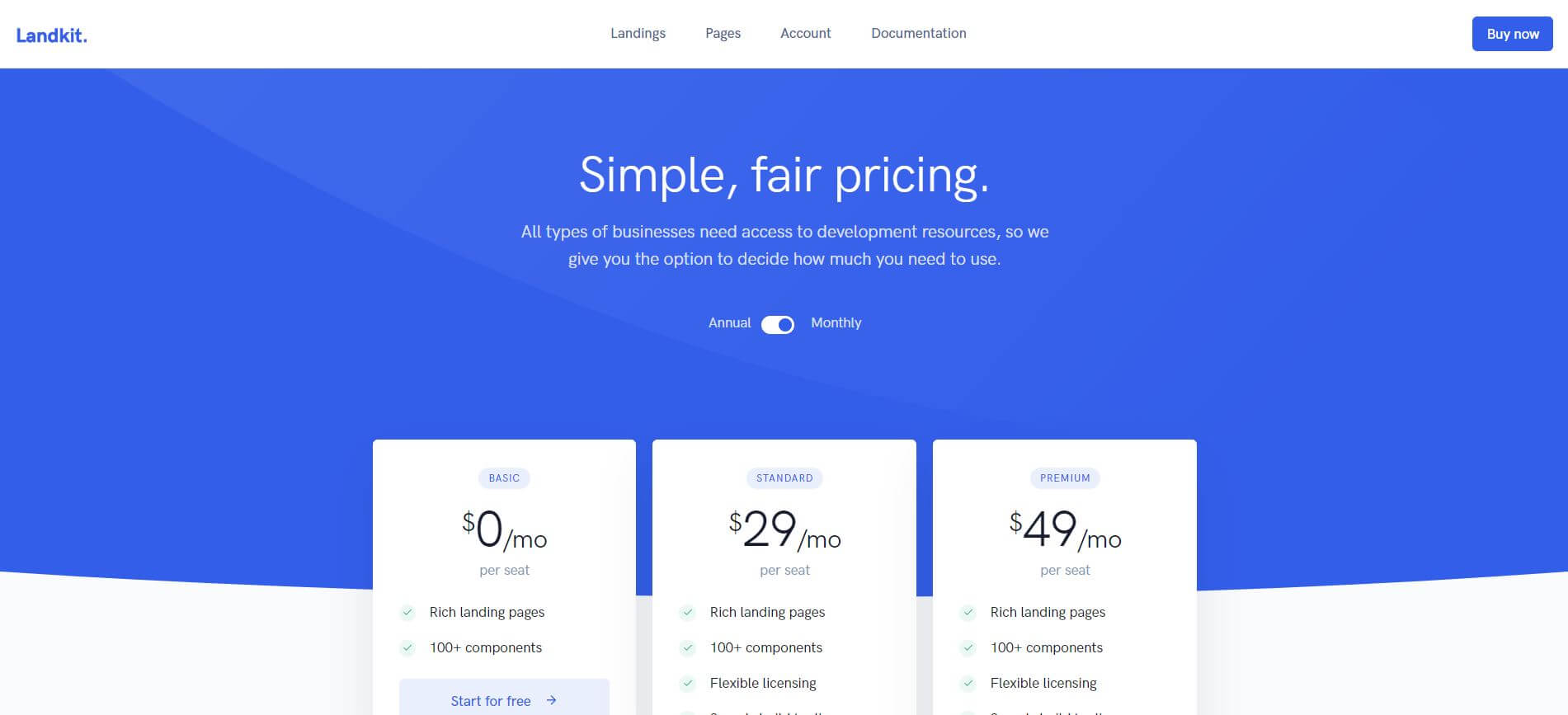 A screenshot of the landkit theme's pricing layout