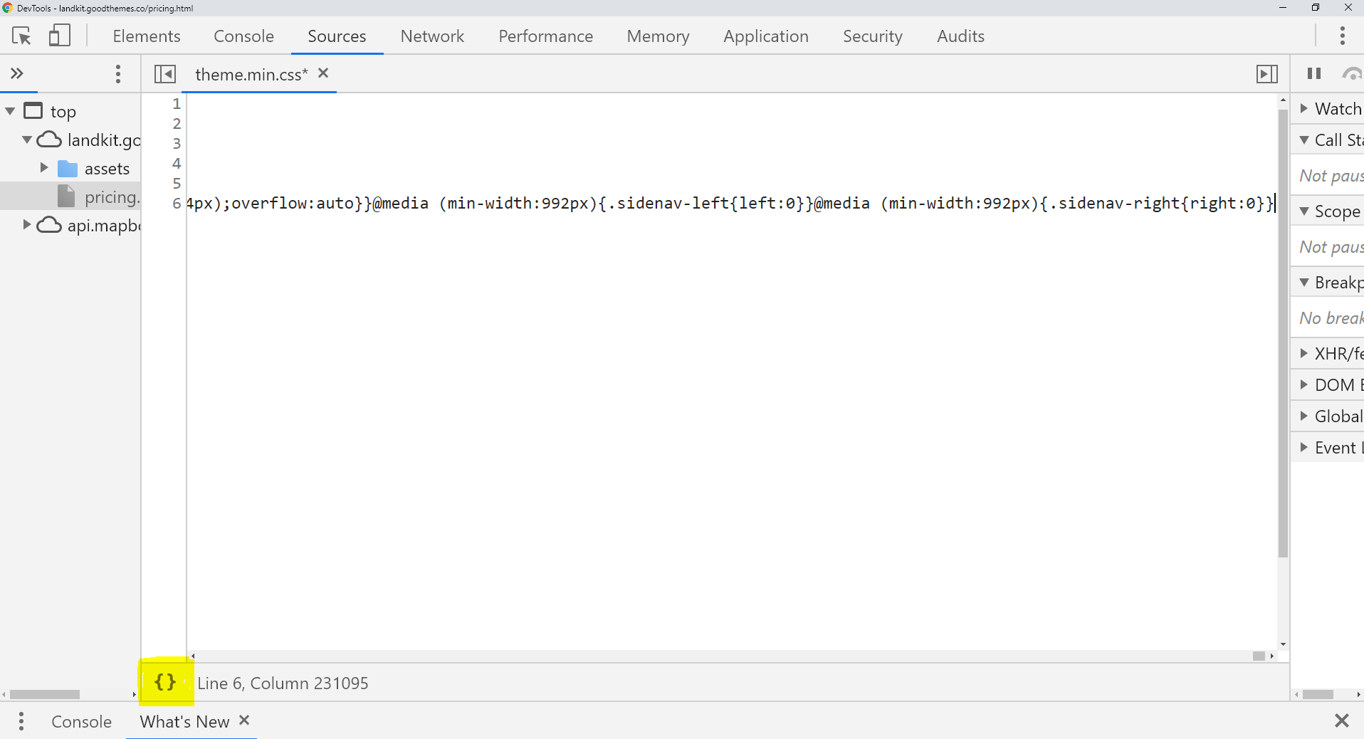 The minified css file inside devtools