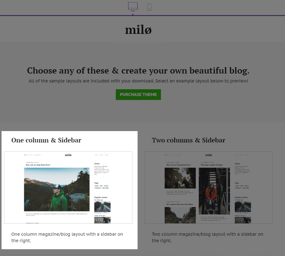 Choosing Milo theme's One column layout
