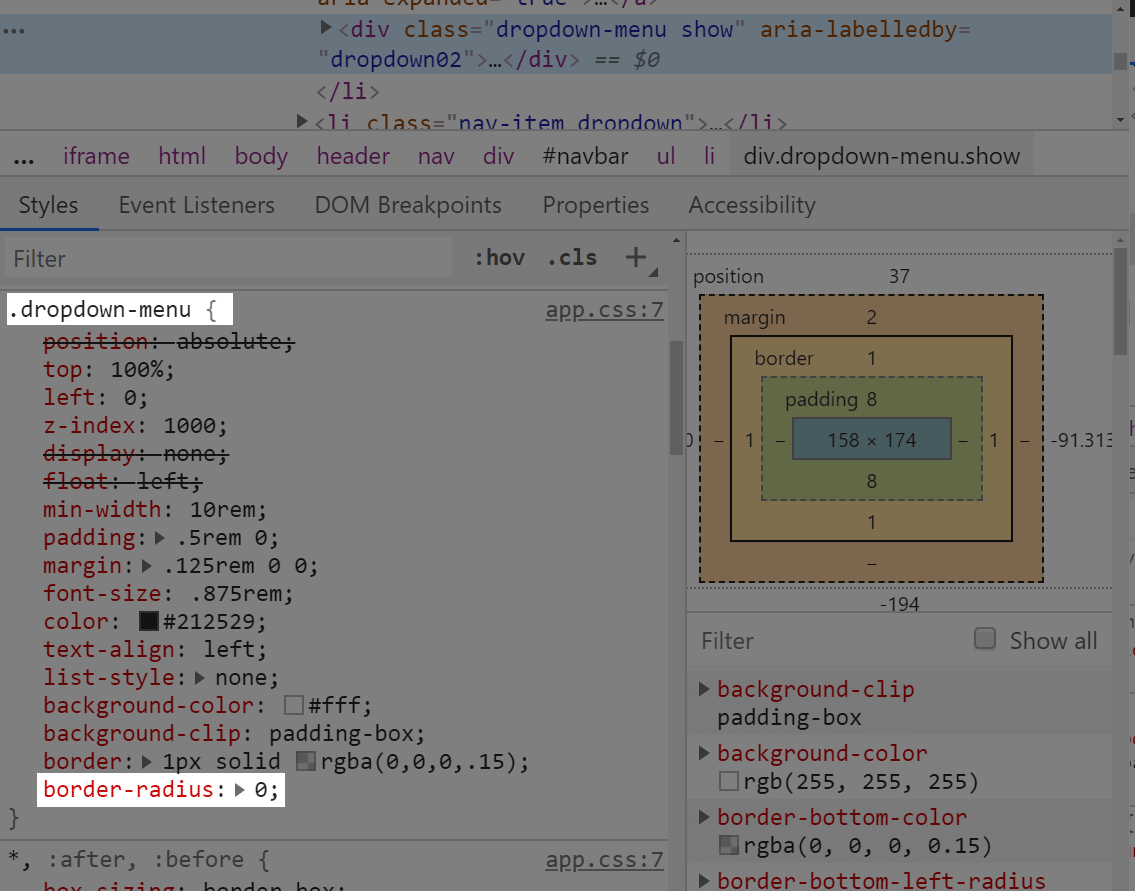 Border radius value inside the dropdown-menu CSS class