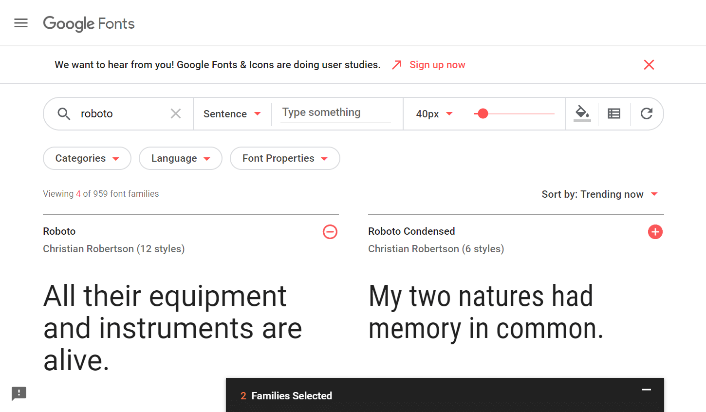 Choosing Roboto fonts to download on Google fonts website