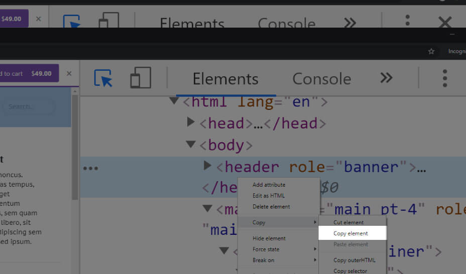 Click the copy element from the sub-contextual menu