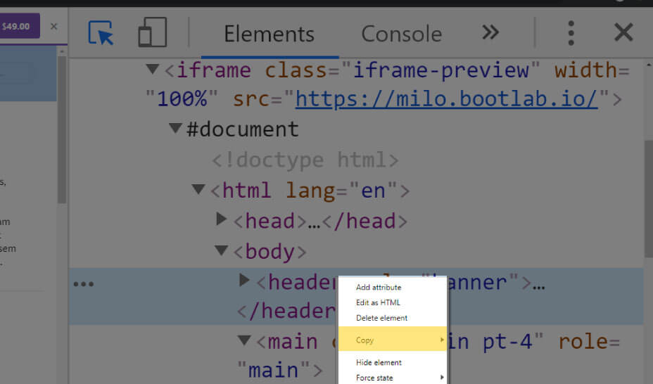 Right-click on an element in the devtools to copy it