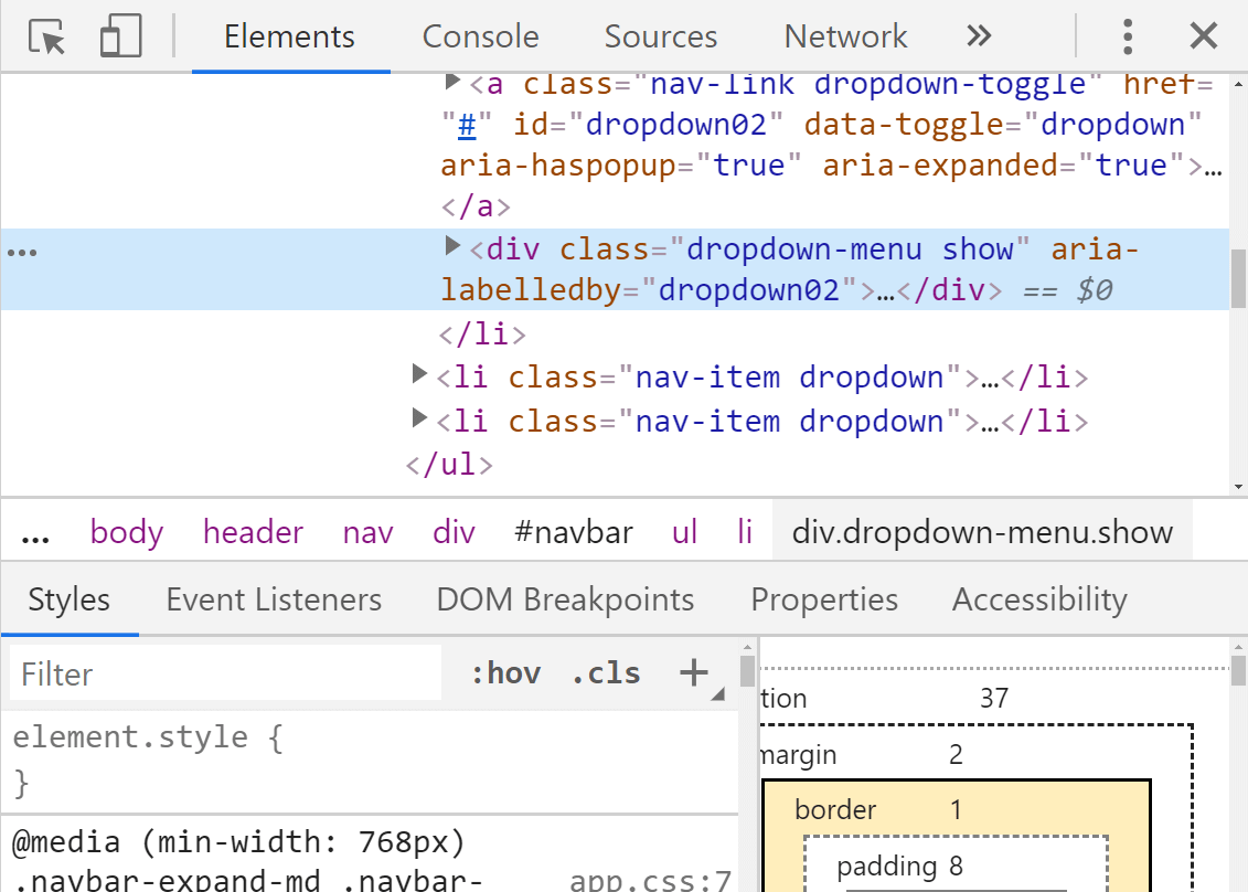 The dropdown menu element in focus in the Elements panel inside devtools