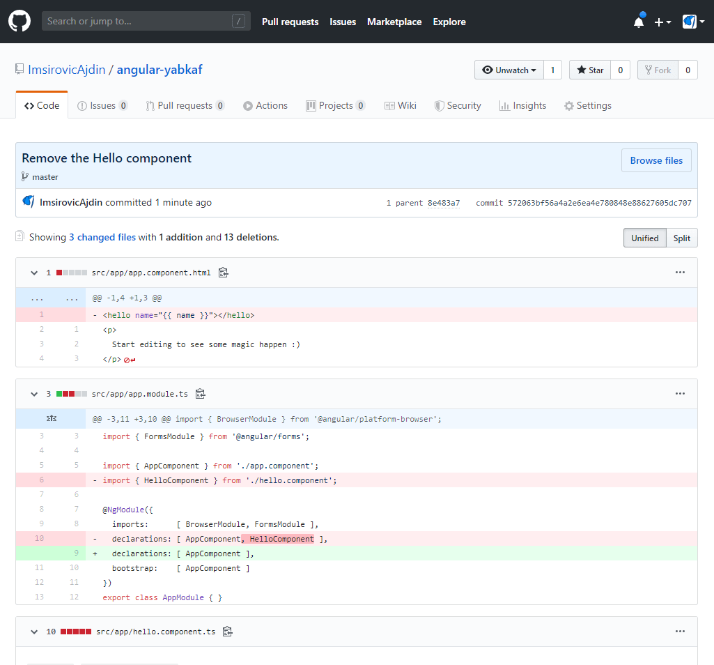 A screenshot of a commit titled Remove the Hello component