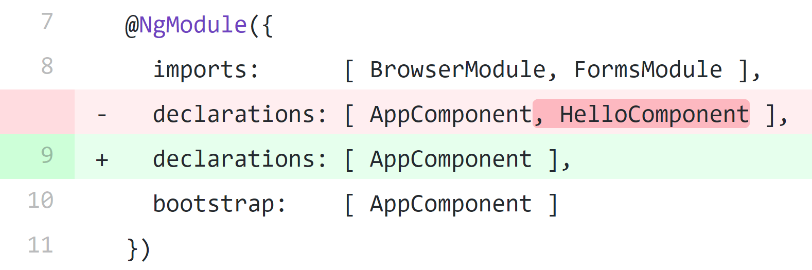 A screenshot of a commit with both a removal and an addition