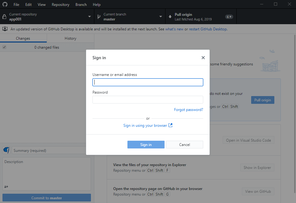 Github desktop login