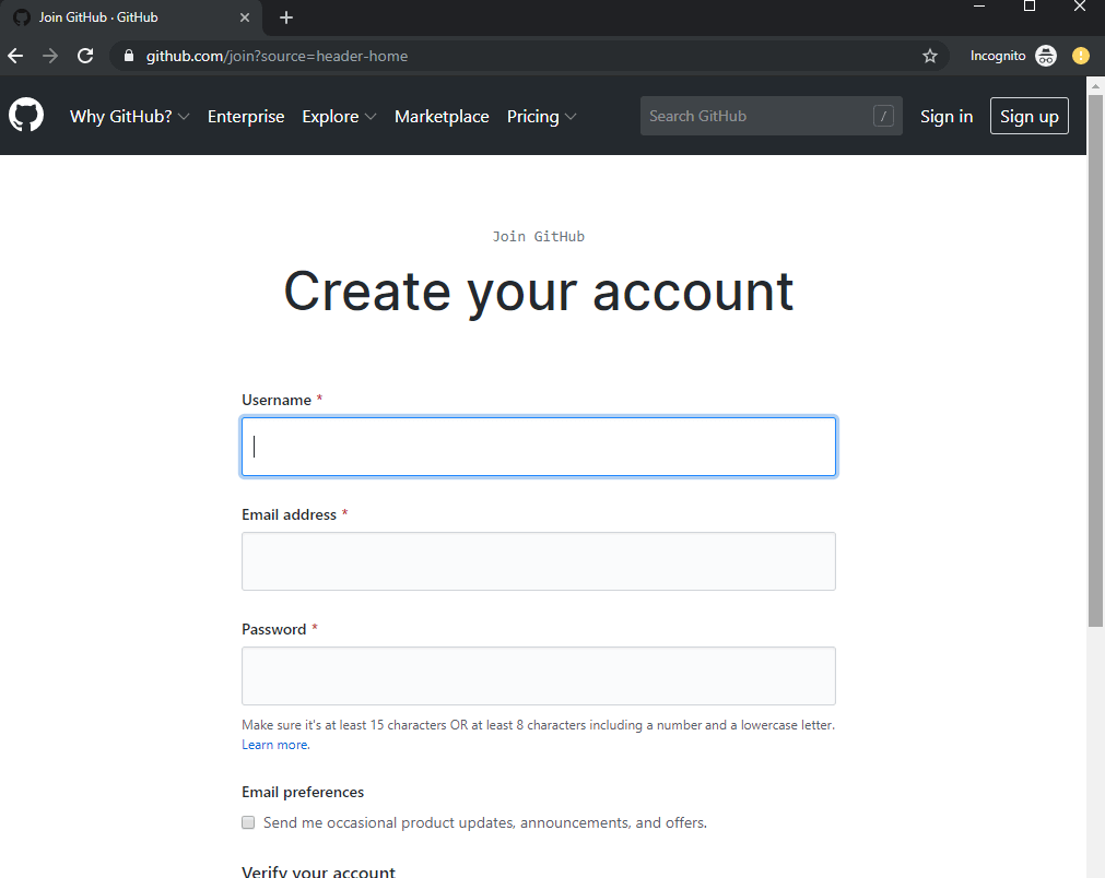 Github registration screen