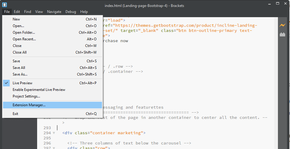 Navigating to extension manager in Brackets