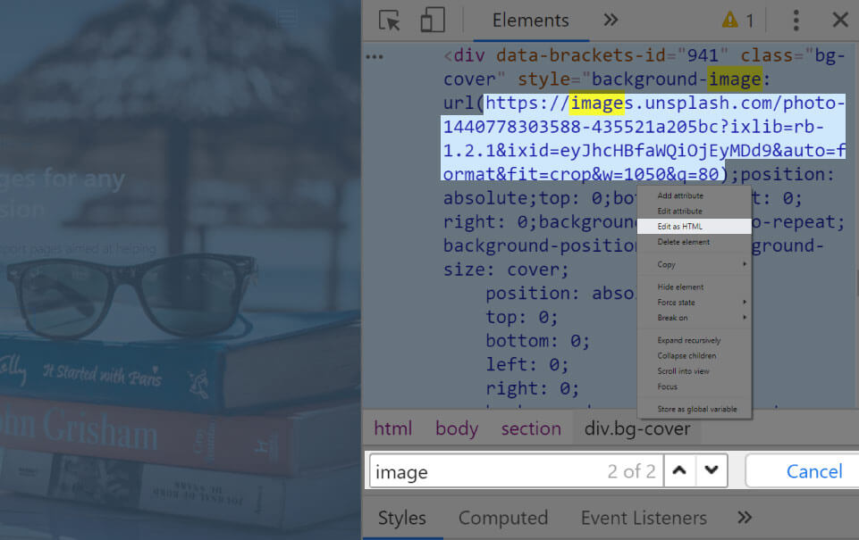 Replacing the background image live in devtools