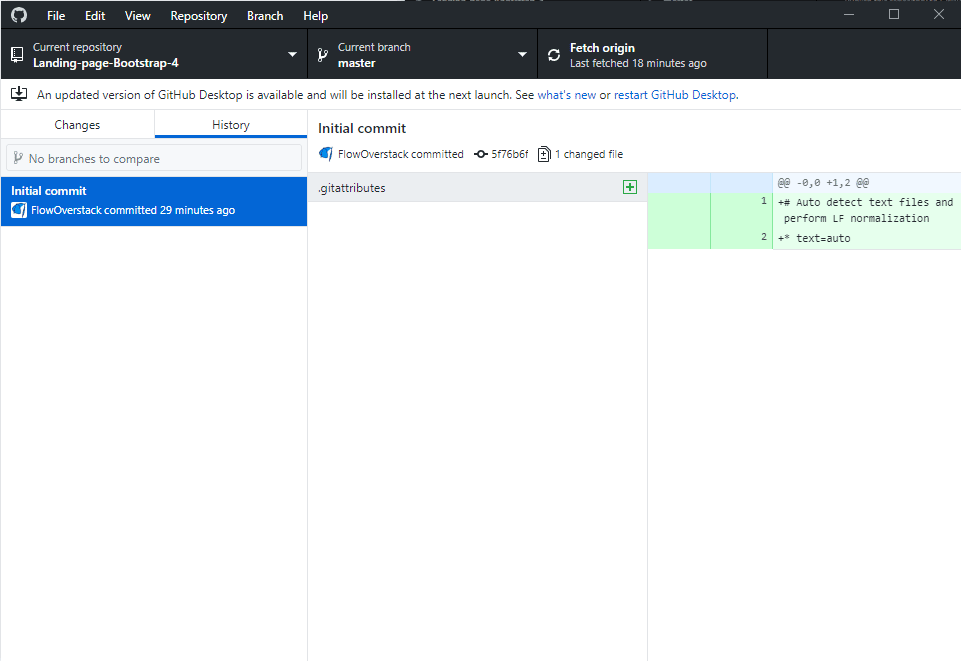 The history tab in Github Desktop showing our initial commit