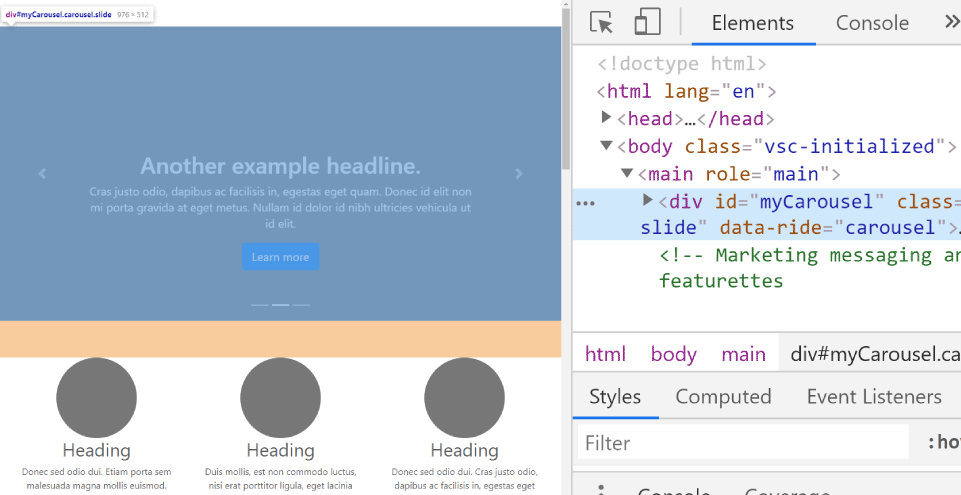 The myCarousel div is selected in devtools