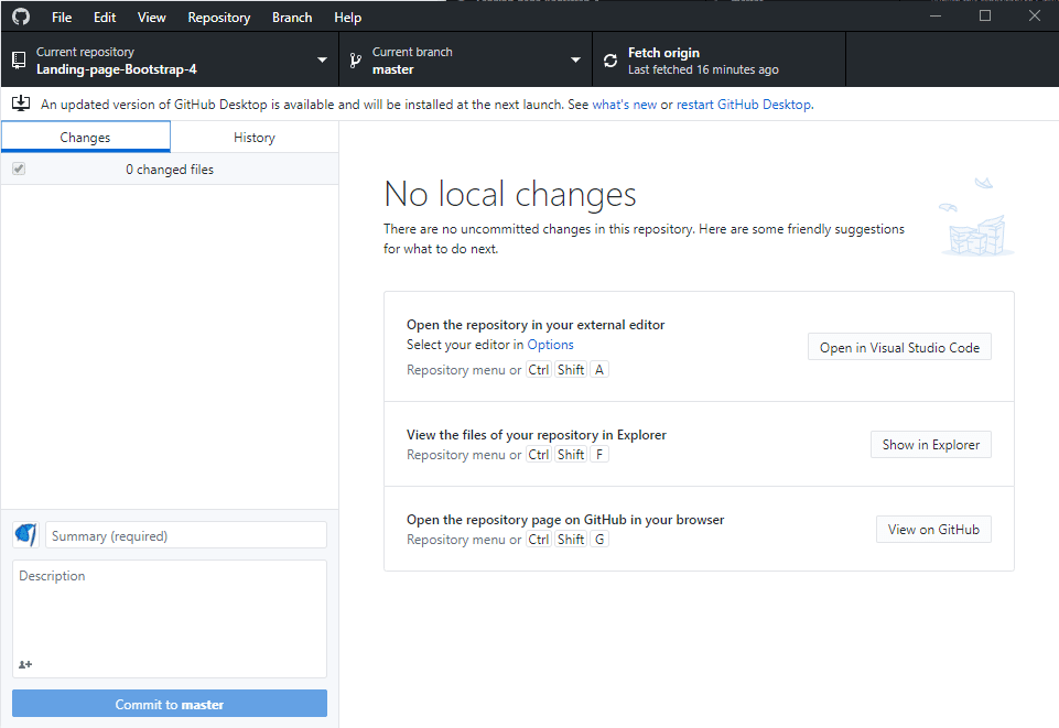 The no local changes screen in Github Desktop