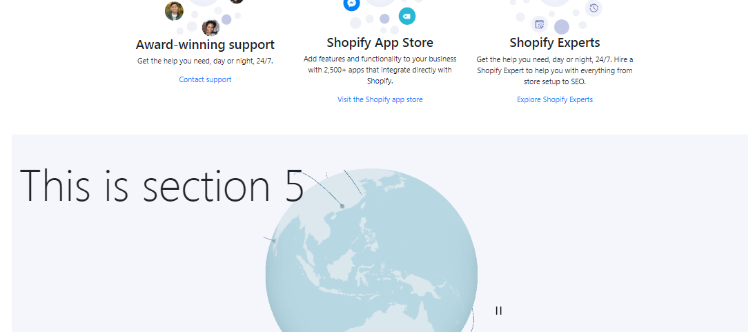 Screenshot of Shopify homepage support section