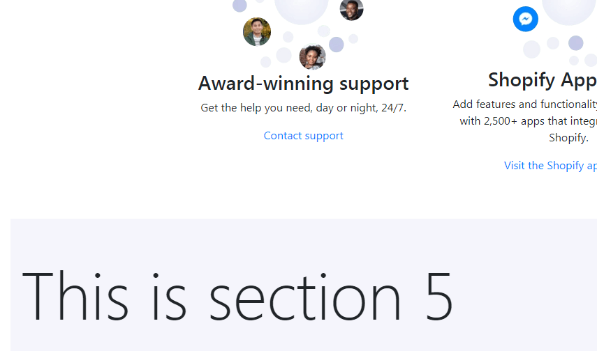 Screenshot of Shopify homepage support section