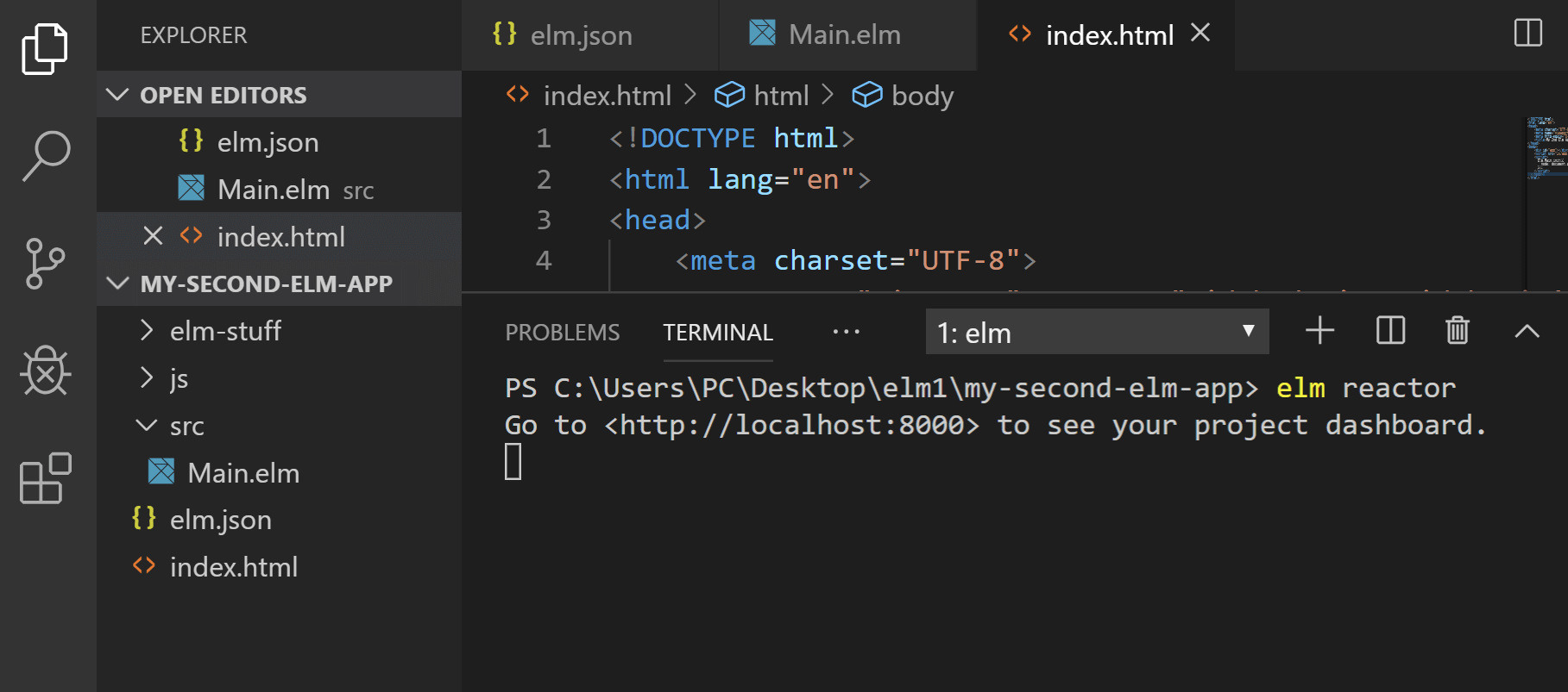 A screenshot of elm reactor running in console of VS Code