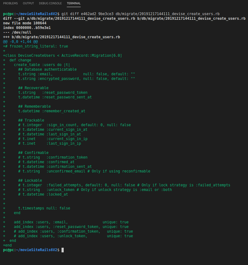 Inspecting the output of running the git diff command