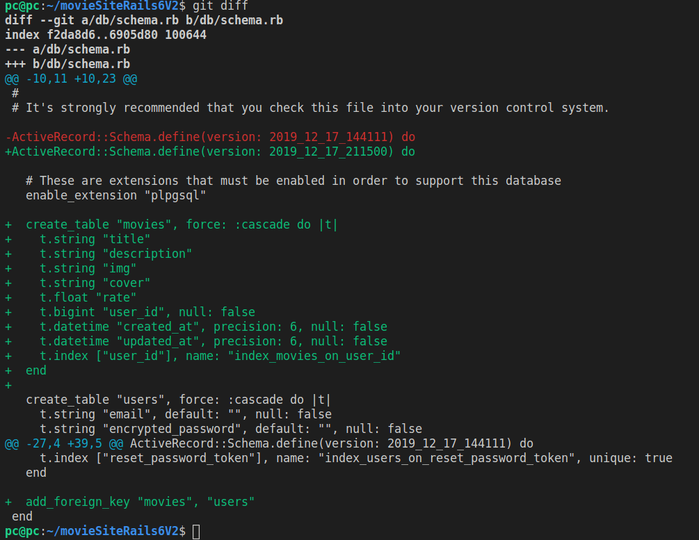 Running git diff after rails db migrate