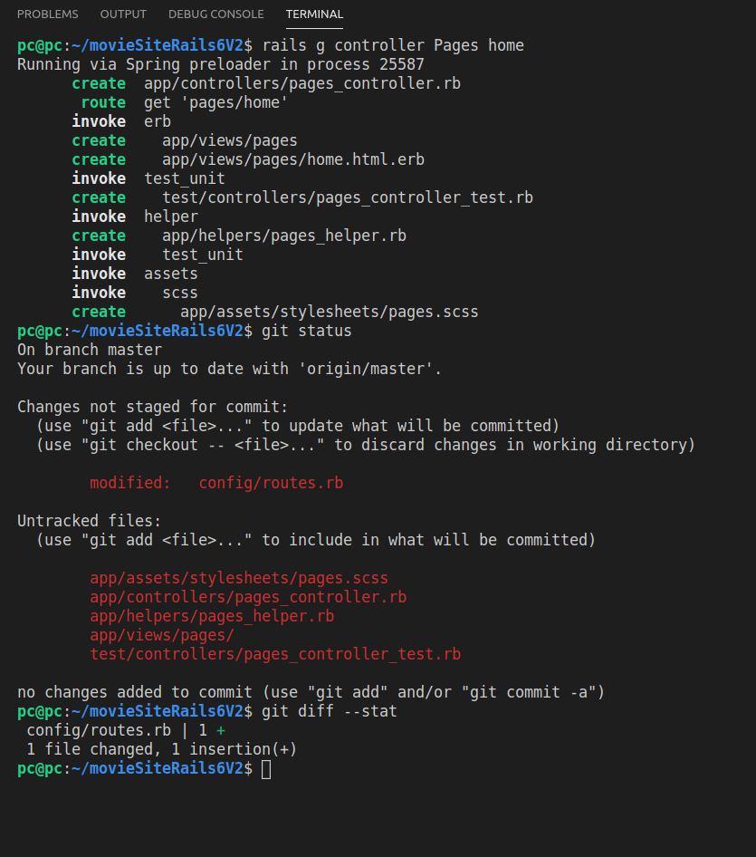 Running the rails g command and inspecting the changes with git