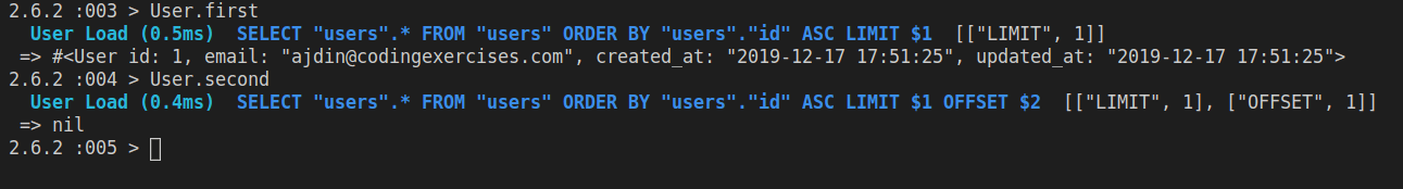 Running User.first and User.second in rails console