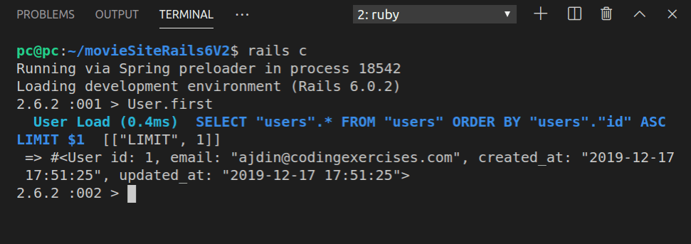 Running the User.first command in Rails console
