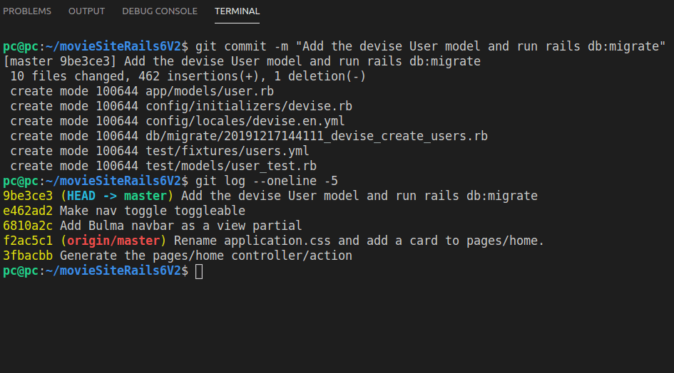 The output of running git log --oneline -5