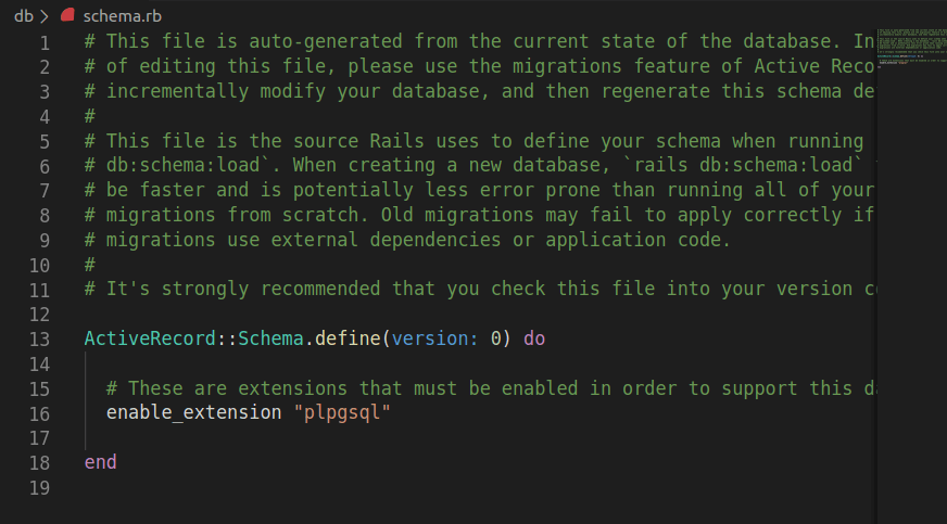 A screenshot of the new schema.rb file