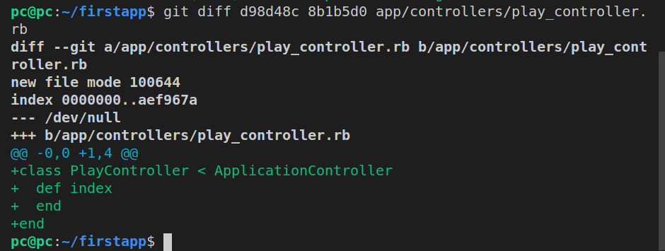 Running git diff on play_controller.rb file