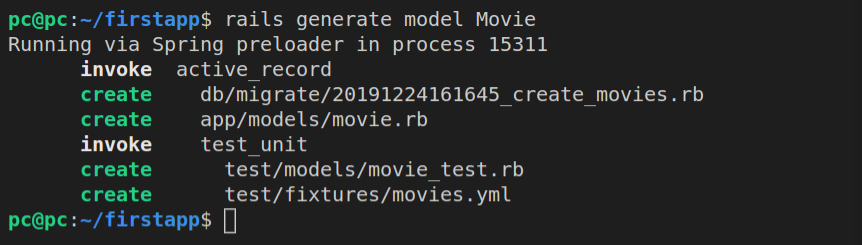 The output of rails g migration in the console