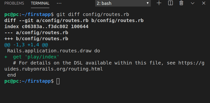 Running the git diff command on the routes ruby file