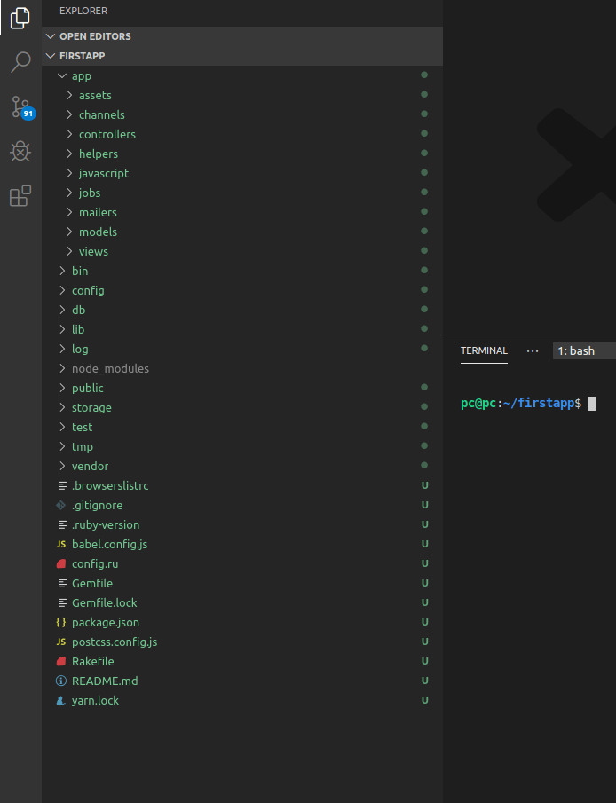 The file structure of our newly installed Rails app