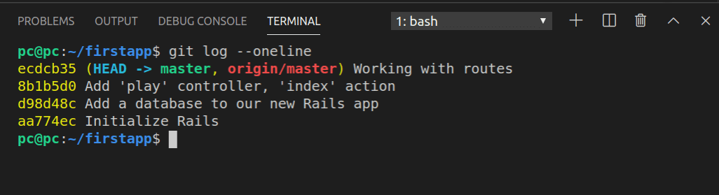 The output of git log --oneline command