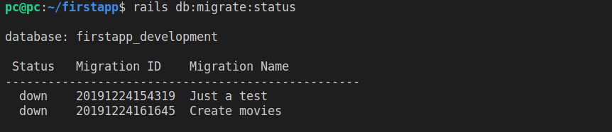 The output of running rails db migrate status