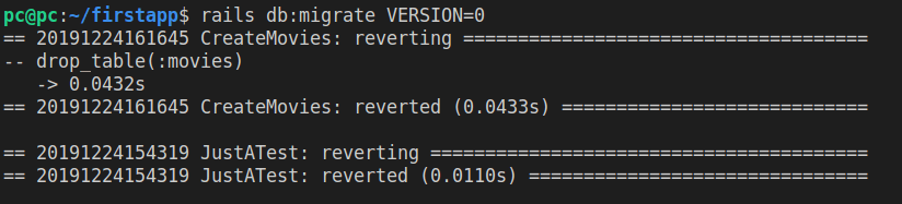 The output of running rails db migrate version zero