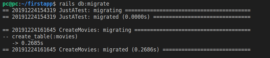 The output of running rails db migrate
