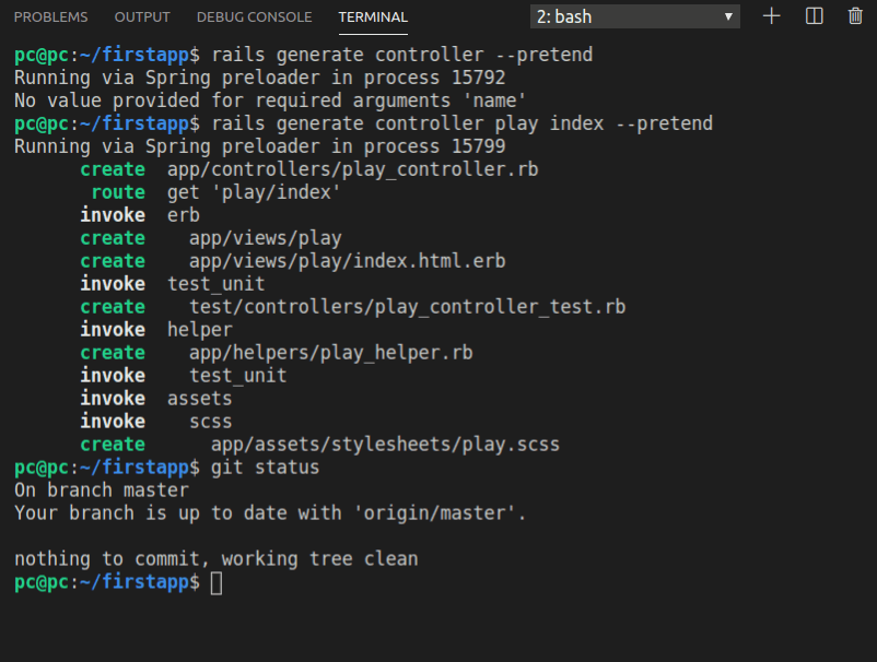 The result of running the rails generate controller --pretend