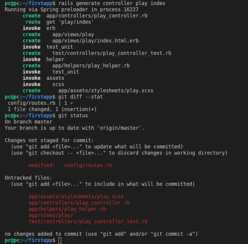 The result of running the rails generate controller and git status commands