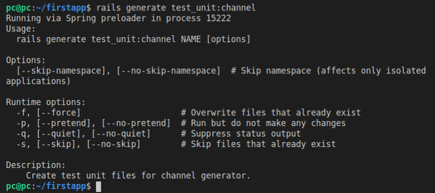 The result of running the rails generate test_unit channel command