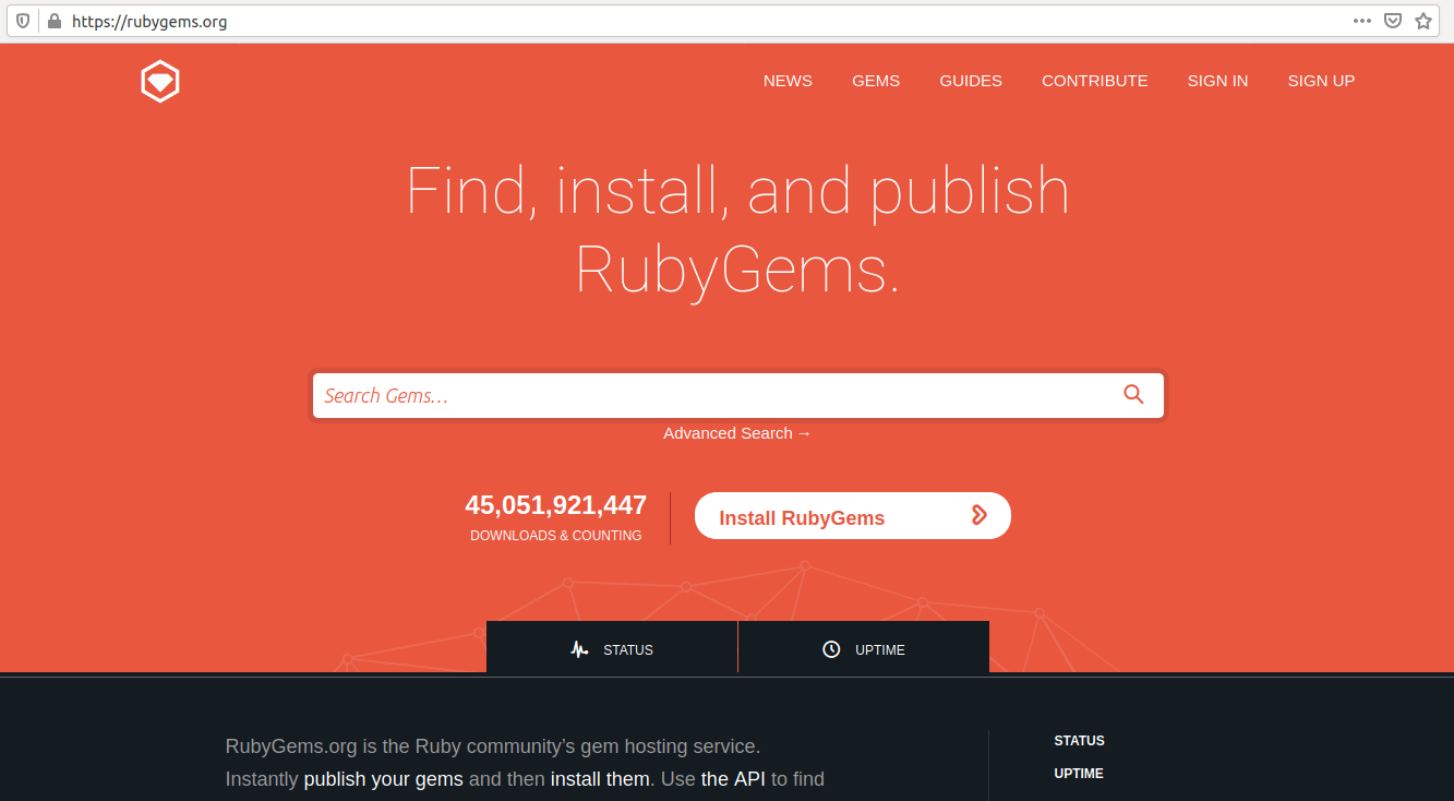 The rubygems website homepage
